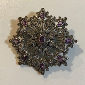 Vtg Sterling Silver Amethyst Marcasite Brooch Pin